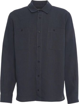 Amaranto Linen Blue Shirt With Chest Pockets And Classic Collar