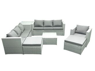 Fimous Wicker PE Rattan Sofa Garden Furniture Set with Armchair Square Coffee Table 2 Big Footstools Side Table Light Grey Mixed