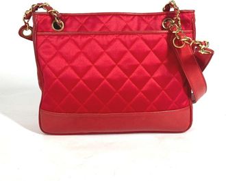 Chanel Red Color Satin Leather Shoulder Bag Tote Bag (Pre-Owned)