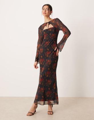 Asos Vestito lungo a maniche lunghe con stampa a fiori-Multicolore
