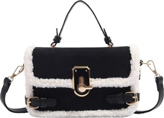 Generic Compatible For Lamb Fur Spliced Small Square Bag Womens Handbag(Black B)