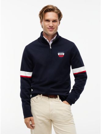 Tommy Hilfiger Mens TH Performance Striped Quarter-Zip Sweater - Navy Blue - XL