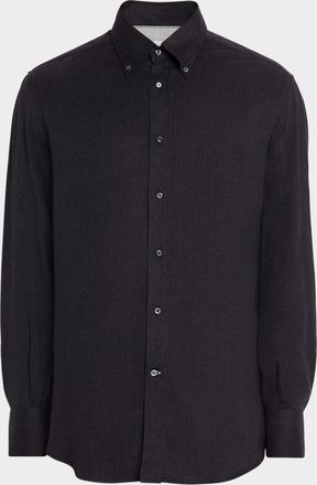 Brunello Cucinelli Mens Micro-Chevron Button-Collar Sport Shirt