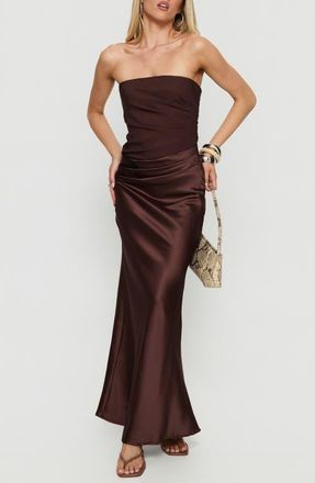 Princess Polly Lulita Pleated Strapless Mixed Media Gown in Brown at Nordstrom, Size 10