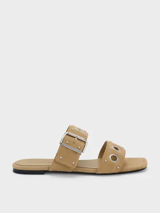 Charles & Keith Faux Suede Grommet Buckled Slides
