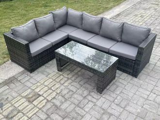 Fimous 6 Seater Rattan Corner Sofa Lounge Sofa Set With Rectangular Coffee Table Left Hand in Dark Grey