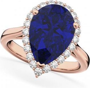 Allurez Pear Cut Halo Lab Blue Sapphire & Diamond Engagement Ring 14K Rose Gold 8.34ct