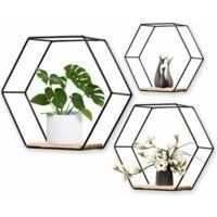 OEM Juego De 3 Estantes De Pared Hexagonales - Metal Y Madera Maciza - F&aacute;cil Montaje - Para Cocina, Ba&ntilde;o, Sala De Estar, Dormitorio, Oficina - Crezuo