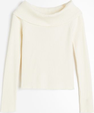 H&M Schulterfreies Shirt in Rippstrick - Cremefarben