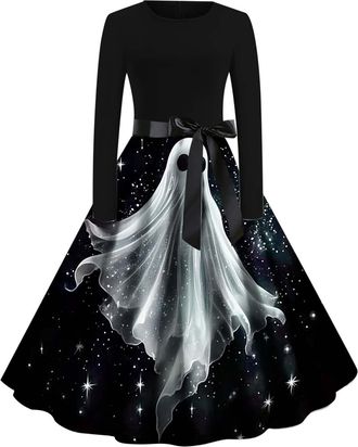 Generic Halloween Costumes Adult Women, Ladies Halloween Dress Retro Pumpkin Skeleton Print Long Sleeve A Line Swing Dress Black Vintage Skull Witch Rockabill