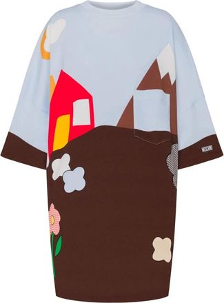 Moschino Kleedjes, Dames, Veelkleurig, S, Katoen, Blauw Landschapsontwerp Kortemouw Katoenen Top
