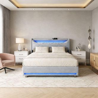 OEM Cama Litera 140x190 Cm Gris De Lino Con Led Regulable, Puertos Usb/type-c, Somier De Lamas Y Almacenamiento Hidr&aacute;ulico
