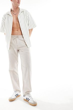 Jack & Jones straight leg pull on linen mix pants in beige-Neutral