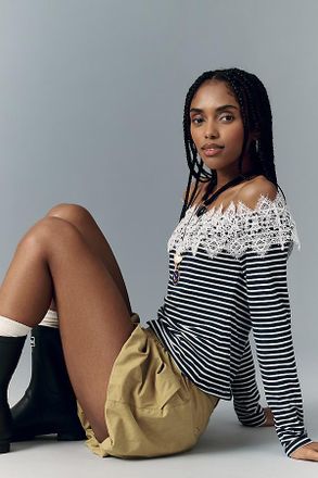 Maeve Off-Shoulder Long-Sleeve Lace T-Shirt Top