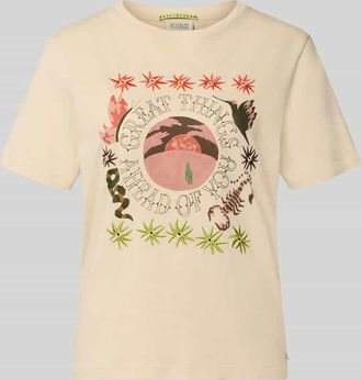 Scotch & Soda Regular Fit T-Shirt mit floralem Stitching in Ecru, Gr&ouml;&szlig;e XL