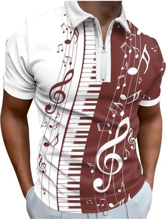 Generic Mens Fashion 3D Print Polo Shirt, Regular Fit Casual Music Patchwork Print Shirts, Stretch Short Sleeve Quarter Zip Golf Tops Blouse, Summer Breathabl