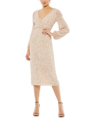 Mac Duggal Sequined Illusion Puff Sleeve V-Neck Midi Dress