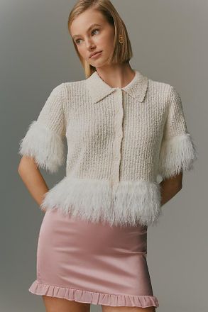 Pilcro Short-Sleeve Faux Feather Cardigan Sweater