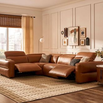 Castlery Modular Leather Chaise Sectional Single Slim Arm Sofa with Feather Filled Seats - Brown | Jaron by Castlery