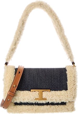 Tod's Tods T Timeless Denim & Shearling Shoulder Bag