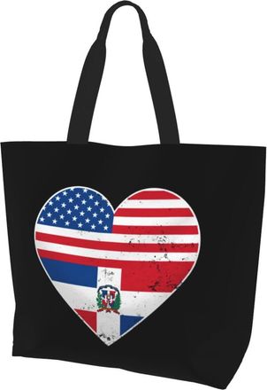 AOOEDM Dominican American Flag Hearts Love Ladies Canvas Tote Reusable Shopping Bag