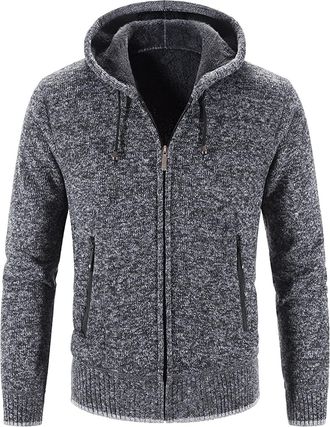 Generic Mens Hoodies Cardigan | Full Zip Hoody Knitwear | Knit Long Sleeve Sweatshirt with Hood | Fleece Lined Sweater Top Autumn Winter Knitted Jumper Men Kn