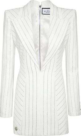 Philipp Plein Kleedjes, Dames, Wit, S, Cady Superfitted Jurk Kristal Pinstripe