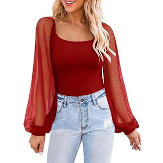 Generic Tech Short Womens Mesh Long Sleeve Sexy Casual Tops Stretchy Shirts Chiffon Blouses Tops T Shirts Tops for Women (Red, XL)