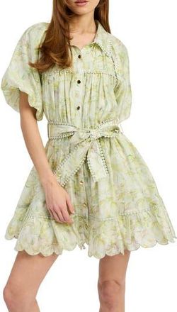 En Saison Claire Floral Bubble Sleeve Minidress in Sage Yellow at Nordstrom Rack, Size Medium