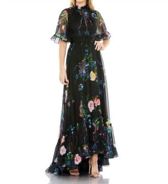 Mac Duggal Ruffle Neck Floral Print Dress In Black/multi
