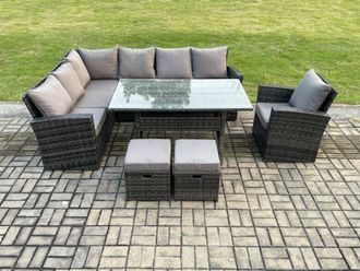 Fimous 9 Seater Garden Rattan Furniture Corner Dining Set with 2 Small Footstools Armchair Indoor Outdoor Lounge Sofa Set in Dark Grey