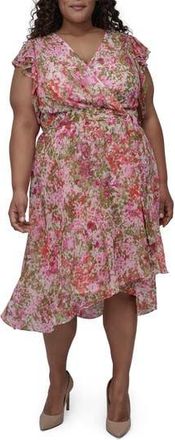 DKNY Double Flutter Sleeve Faux Wrap Dress in Ivory/Azalea M at Nordstrom Rack, Size 16W