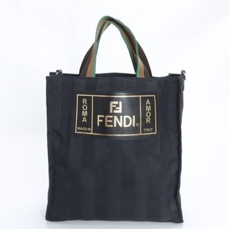 Fendi Pequin Black Nylon Leather Handbag Tote Bag (Pre-Owned)