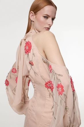 Karen Millen Womens Cold Shoulder 3D Floral Applique Woven Maxi Dress - Pink - Size 10 UK