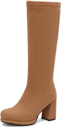 Generic Womens Block High Heel Platform Long Boots Round Toe Knee High Boots Pull on Casual Boot,Yellow,2.5 UK