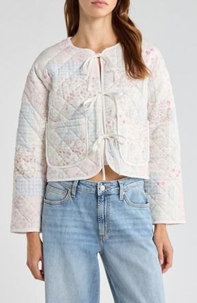 All in Favor Tie Front Quilted Jacket in Blush Blue Patchwork at Nordstrom, Size X-Large