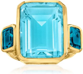 Ross-Simons Blue Quartz and London Blue Topaz 3-Stone Ring in 18kt Gold Over Sterling