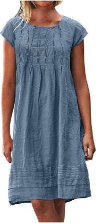 Generic Summer Dresses for Women UK Elegant Flowy Cotton Linen Midi Dress Plus Size Cap Sleeve Pleated Dresses Vacation 2025 Crew Neck Casual Romper Dress wit