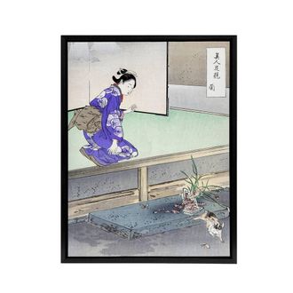 Artery8 Orchid Broken Plant Pot & Cat Framed Canvas Wall Art Print Ogata Gekko in Purple | Size: W24 x H32