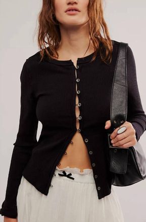 Free People Button Up Ribbed Shrunken Cardigan In Black