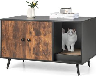 Costway Costway - Cajas De Arena Para Gatos, Casa De Ba&ntilde;o Oculto Para Mascota Con 2 Puertas, Estante Abierto Y Rascador Para Gatos, Mesa Auxiliar Para Gatos 9