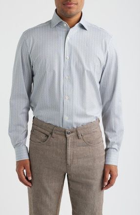 Bugatchi Devon OoohCotton Geometric Print Long Sleeve Button-Up Shirt in Sand at Nordstrom, Size Xxx-Large