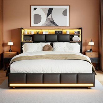 OEM Cama Cofre Doble 160x200 - Somier Hidr&aacute;ulico - Iluminaci&oacute;n Rgb - Cabecera De Madera Y Metal - Negro