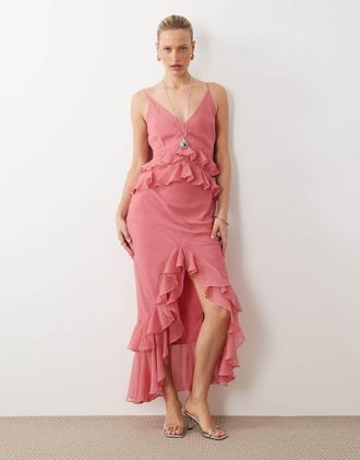 Asos Vestito lungo a colonna con spalline sottili e volant rosa