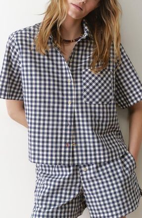 Marine Layer Bonnie Gingham Pima Cotton Poplin Button-Up Shirt in Navy/White Gingham at Nordstrom, Size X-Small