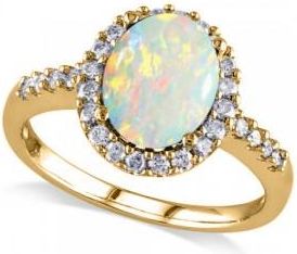 Allurez Oval Lab Opal & Halo Lab Grown Diamond Engagement Ring 14k Yellow Gold 2.07ct