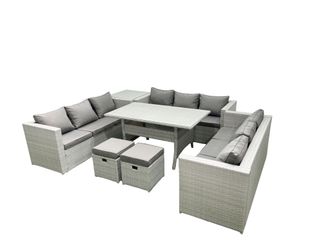 Fimous Rattan Garden Outdoor Furniture Set 11 Seater Garden Sofa Rectangulr Dining Table Set with 2 Small Footstool Side Table Light Grey Mixed