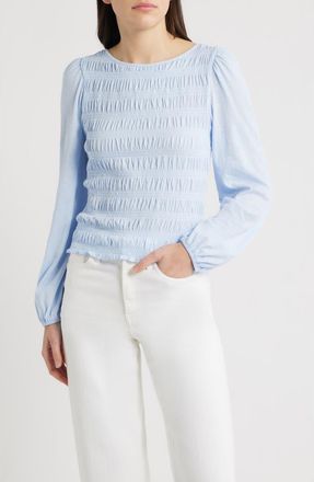 Madewell Smocked Boat Neck Long Sleeve Cotton Top in Sky Blue at Nordstrom, Size Xx-Small
