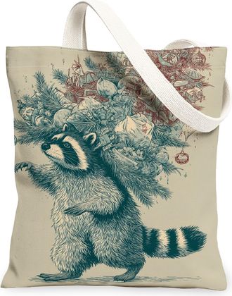 Generic Christmas Raccoon Canvas Tote Bags, Forest Animal Pattern Reusable Grocery Bags, Lightweight Washable Shoulder Strap for Tr, Beige, 13x15 Inch