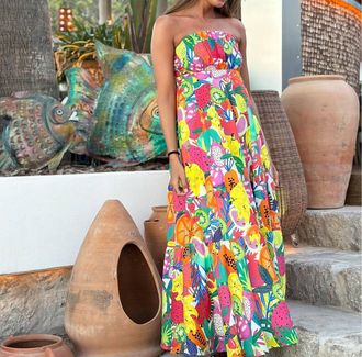 Vilagallo Strapless Fruit Maxi Dress In Frutas Voile